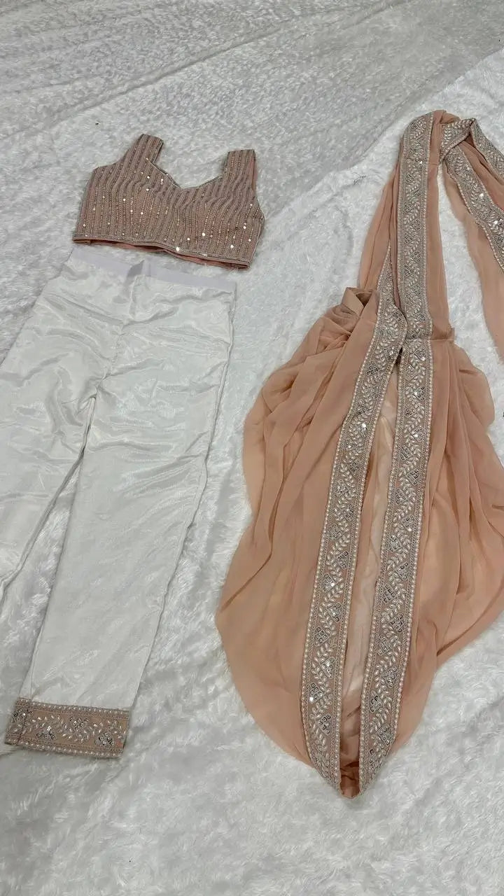 Peach-White Georgette Ready To Wear Pant Saree With Sequins & Resham Thread Work - qivii