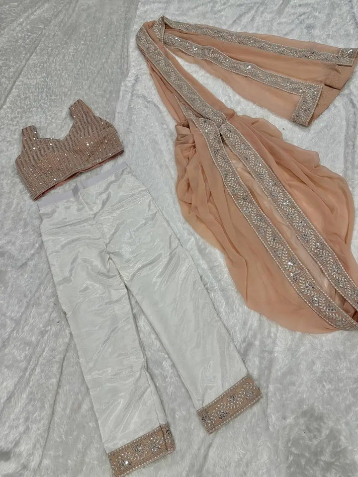 Peach-White Georgette Ready To Wear Pant Saree With Sequins & Resham Thread Work - qivii