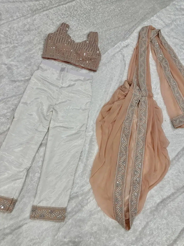 Peach-White Georgette Ready To Wear Pant Saree With Sequins & Resham Thread Work - qivii