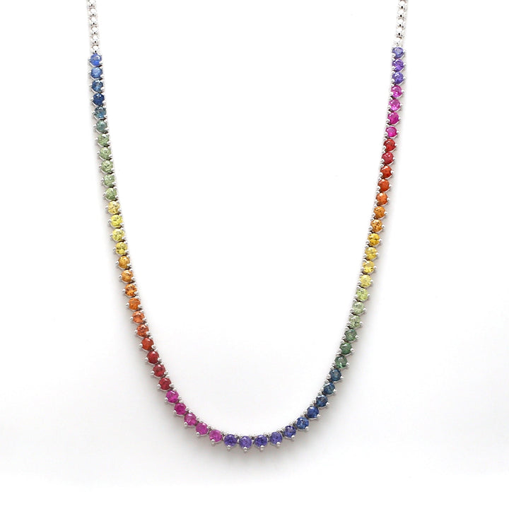 Rainbow Sapphire Vibrant Three Prong Tennis Necklace - qivii