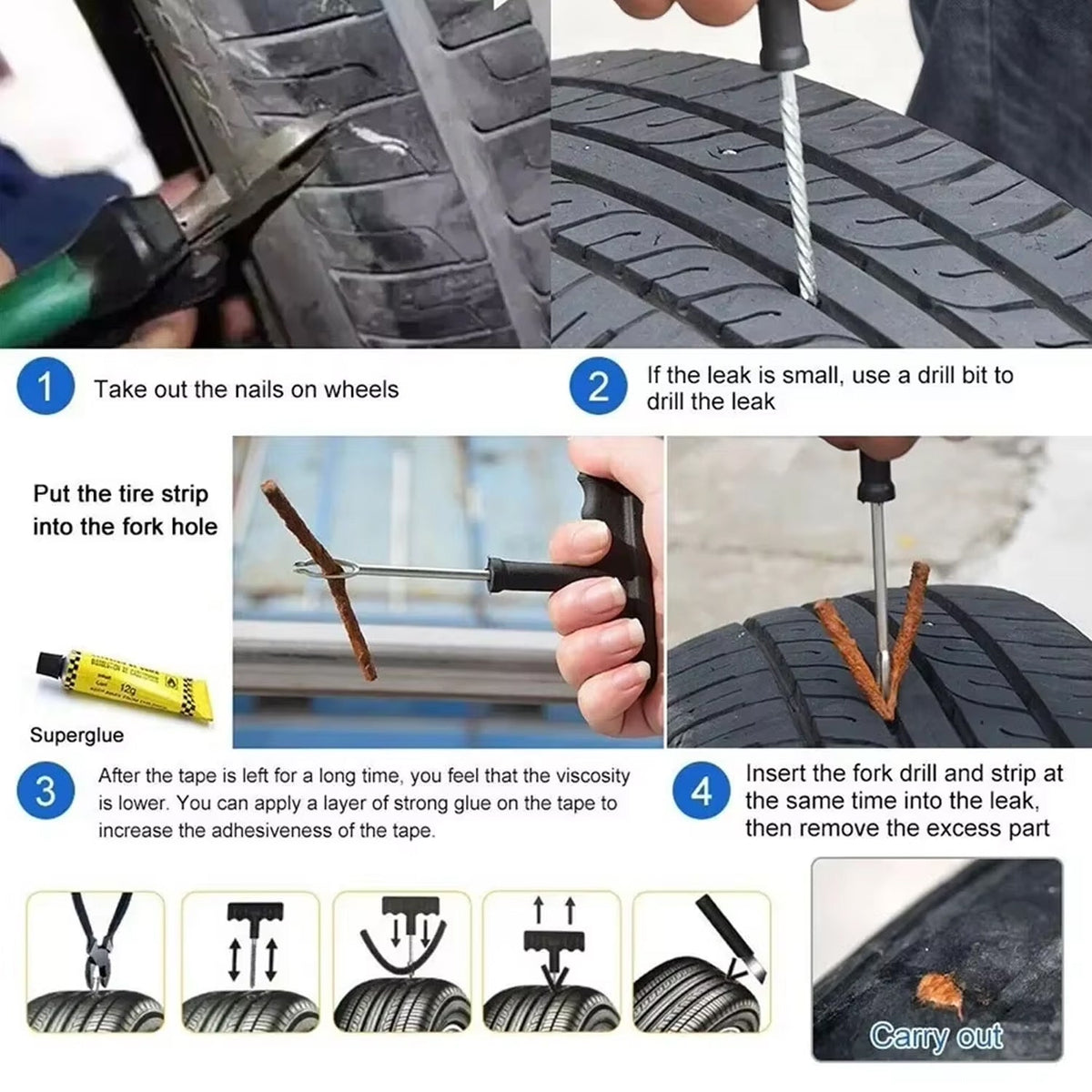Tyre Puncture Repair Kit - 5 Piece Set with 3 Seal Strips for Quick Fixes