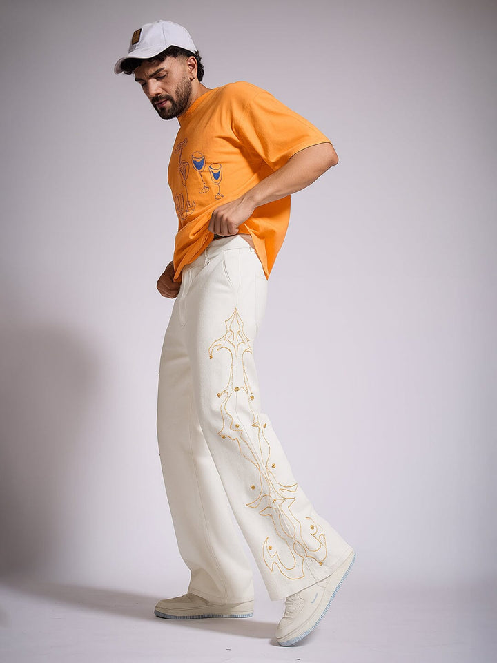 White Mayan Embroidery Riveted Flared Denim