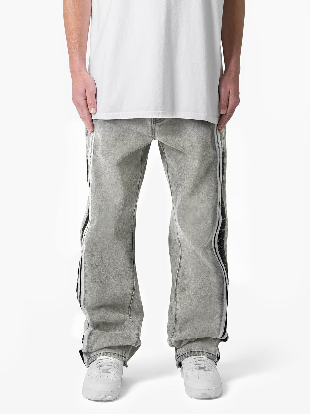 White Washed Baggy Snake Skin Stripe Denim