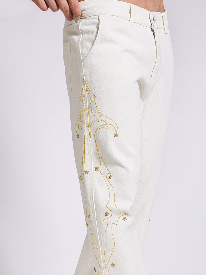 White Mayan Embroidery Riveted Flared Denim