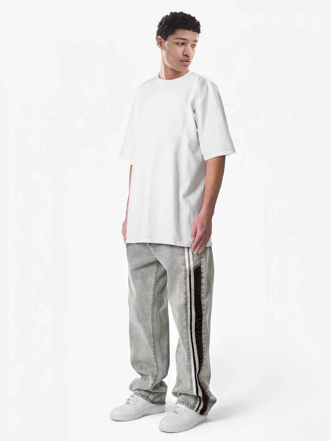 White Washed Baggy Snake Skin Stripe Denim