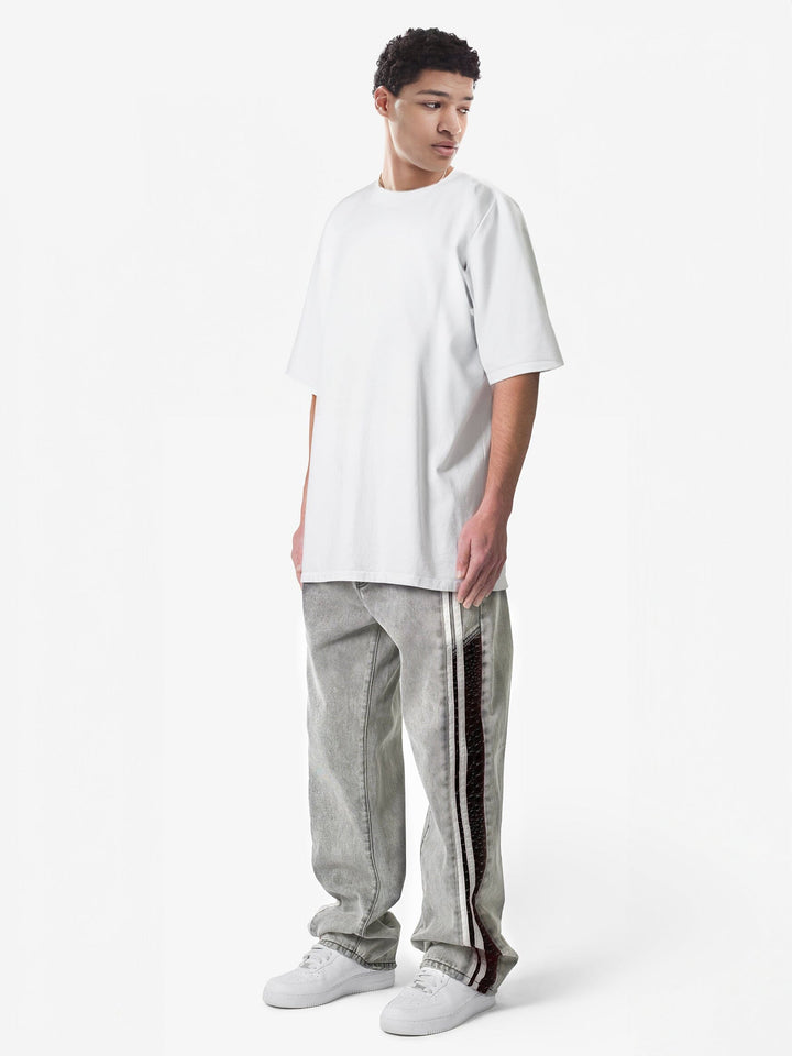 White Washed Baggy Snake Skin Stripe Denim