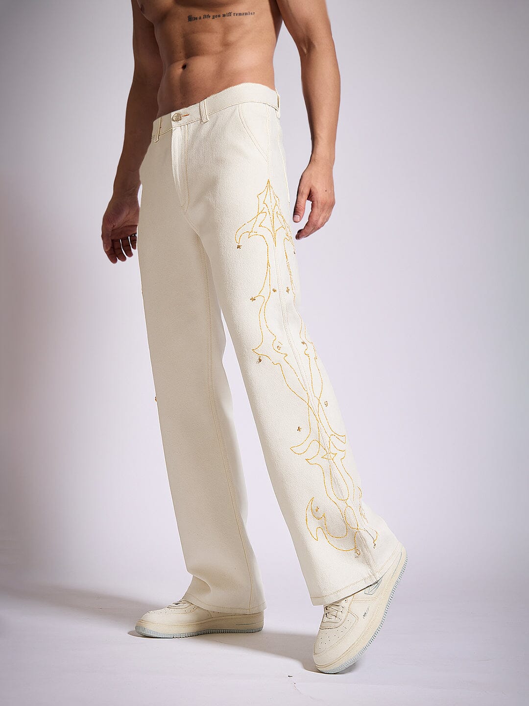 White Mayan Embroidery Riveted Flared Denim