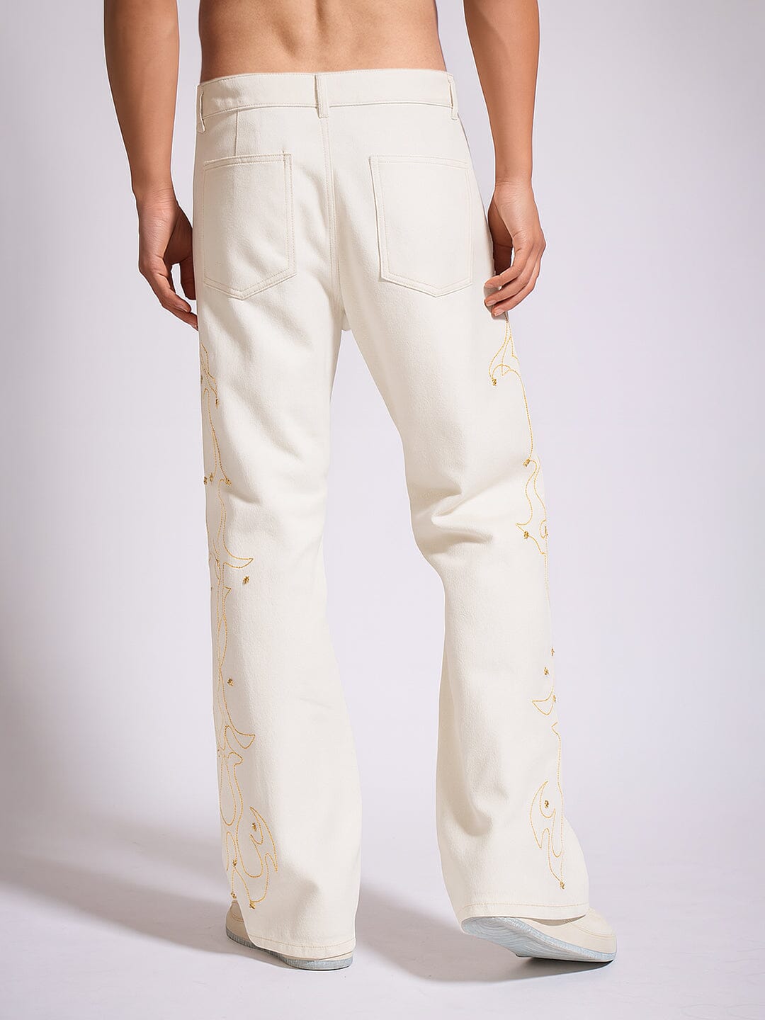 White Mayan Embroidery Riveted Flared Denim