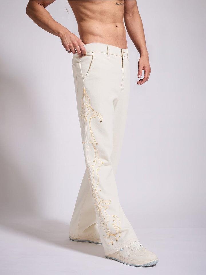 White Mayan Embroidery Riveted Flared Denim