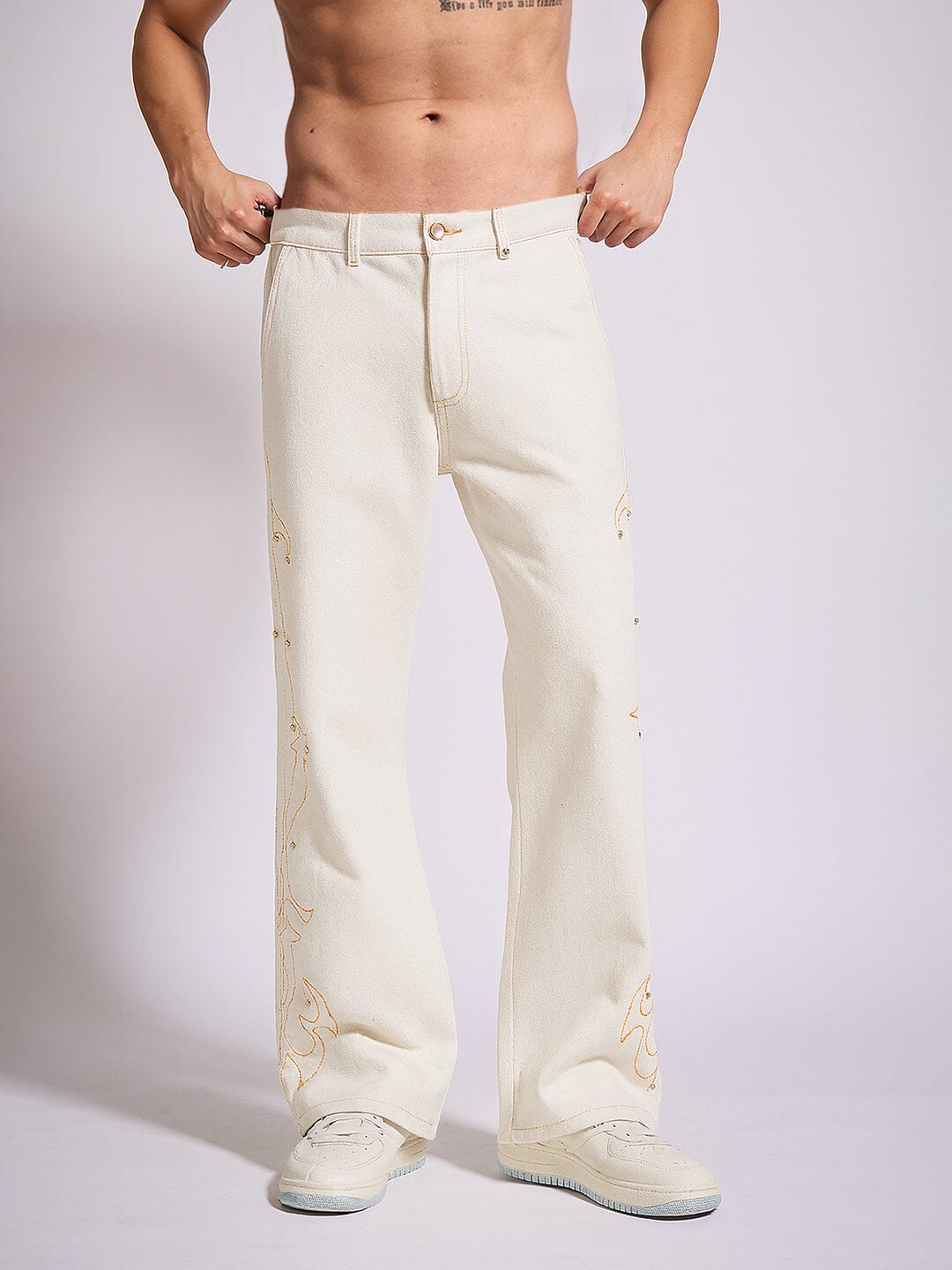 White Mayan Embroidery Riveted Flared Denim