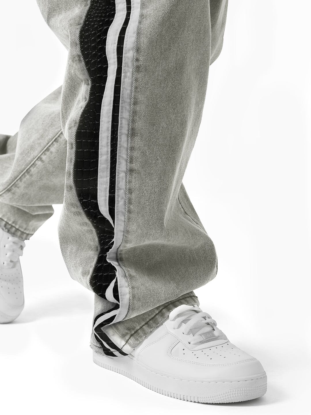 White Washed Baggy Snake Skin Stripe Denim