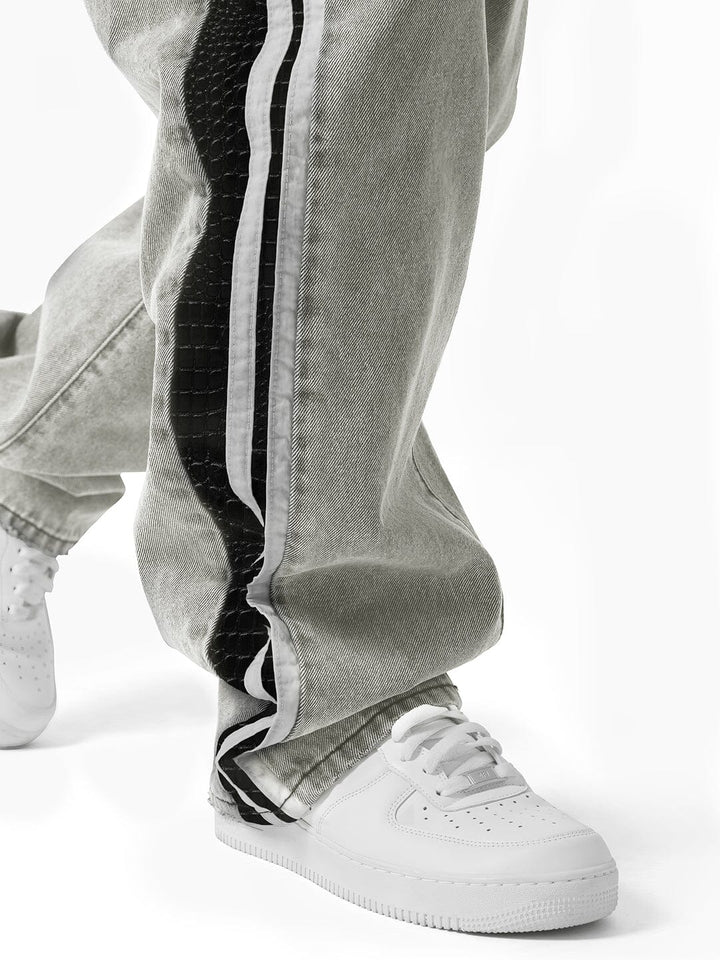 White Washed Baggy Snake Skin Stripe Denim