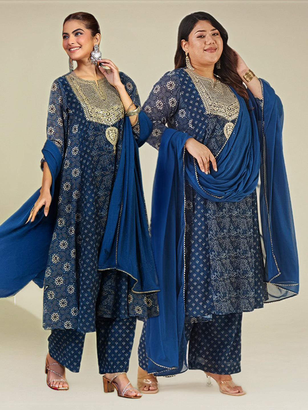 Janasya Women's Dark Blue Georgette Ajrakh Printed Embellished Anarkali Kurta Set