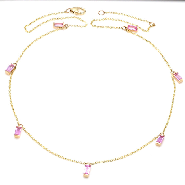 Pink Sapphire Bar Set Baguette Shape Chain Necklace - qivii