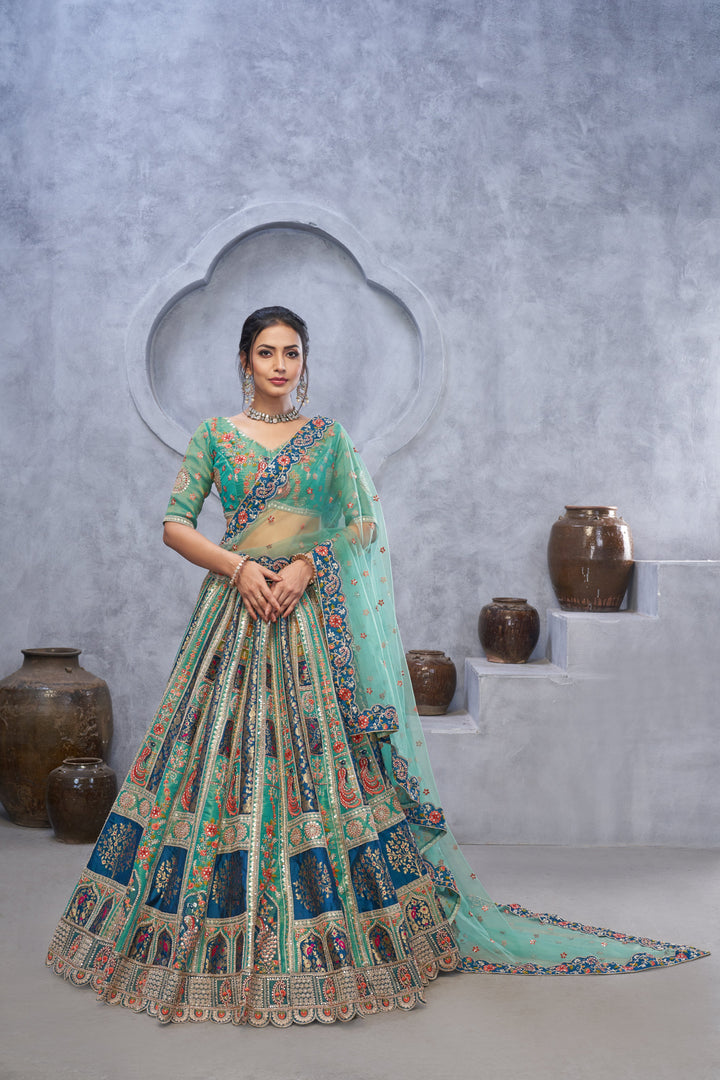 The Bagh Collection: Graceful Green Lehenga with Thread and Sequin Embellishments - qivii