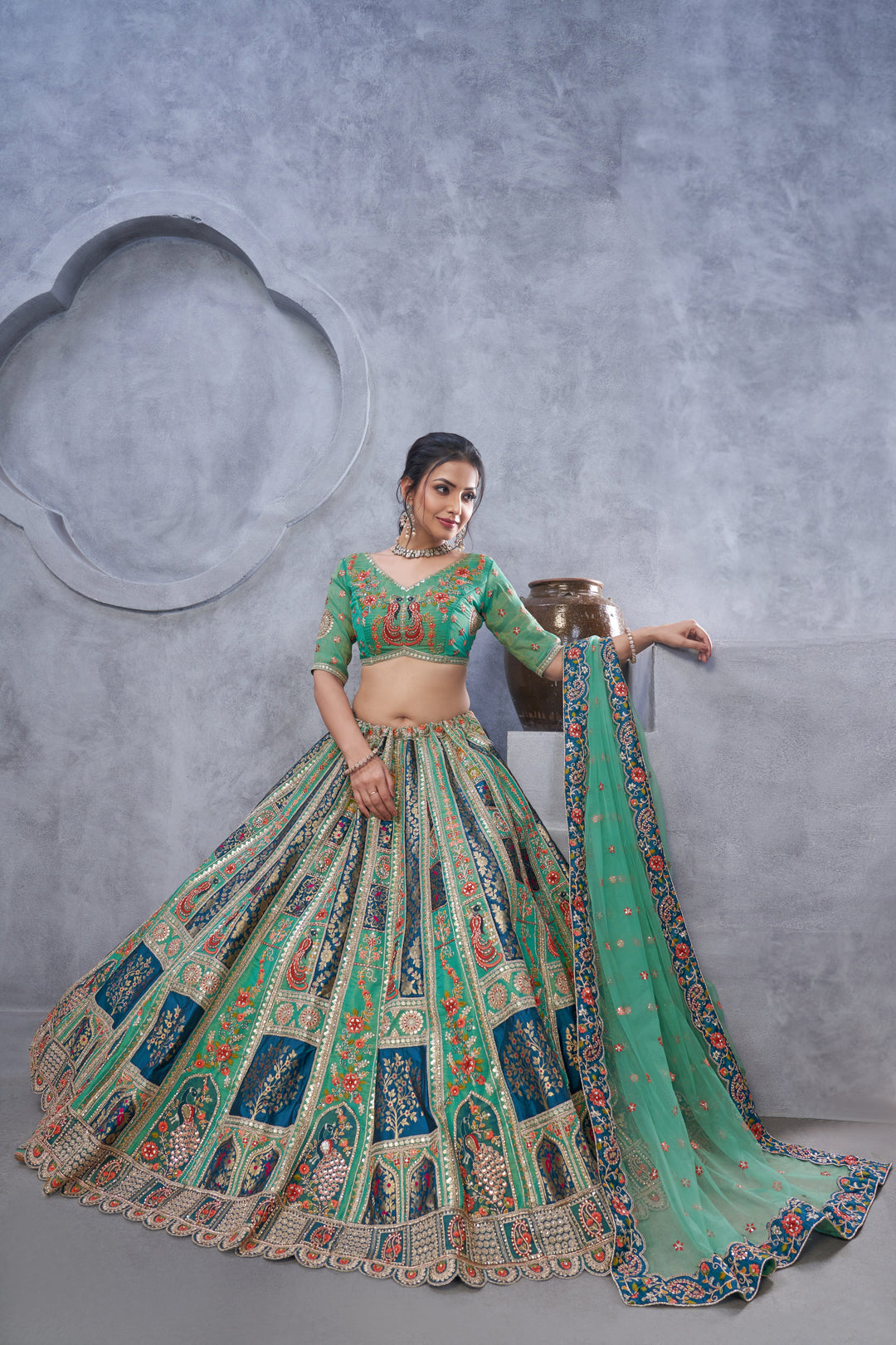 The Bagh Collection: Graceful Green Lehenga with Thread and Sequin Embellishments - qivii