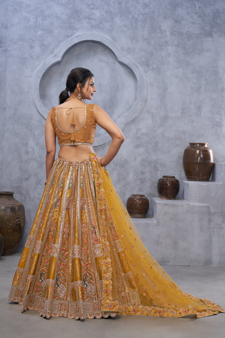 The Bagh Collection: Mustard Bridal Lehenga with Peacock Embroidery - qivii