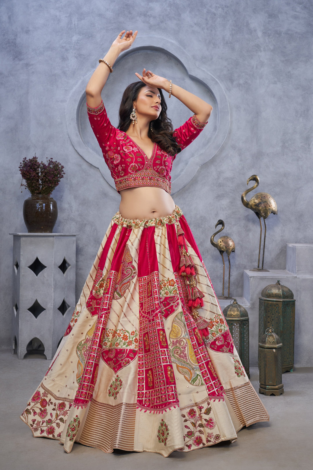 Regal Elegance: Red and White Raw Silk Lehenga with Paisley Motifs and Sheer Pink Dupatta - qivii