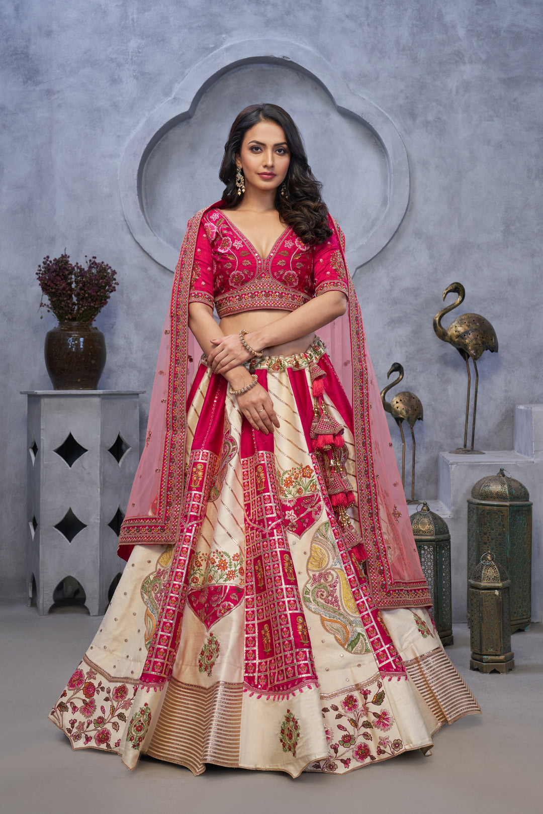 Regal Elegance: Red and White Raw Silk Lehenga with Paisley Motifs and Sheer Pink Dupatta - qivii