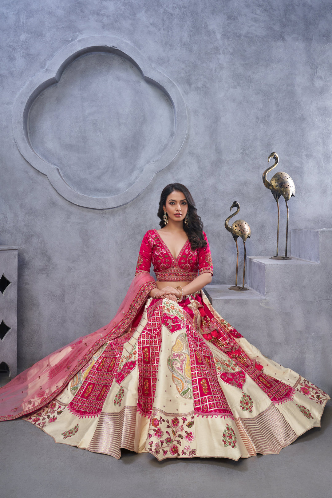 Regal Elegance: Red and White Raw Silk Lehenga with Paisley Motifs and Sheer Pink Dupatta - qivii