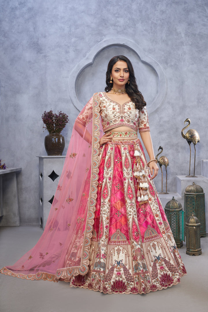 Bridal Lehenga with Temple Motifs, Peacock Embroidery & Bandhej Jacquard Patches - qivii