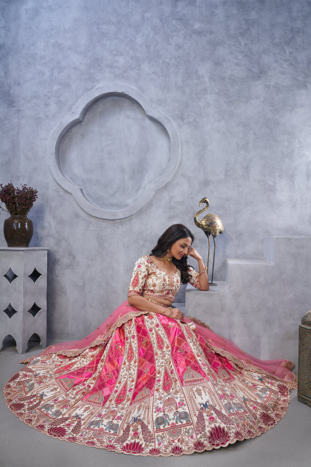 Bridal Lehenga with Temple Motifs, Peacock Embroidery & Bandhej Jacquard Patches - qivii