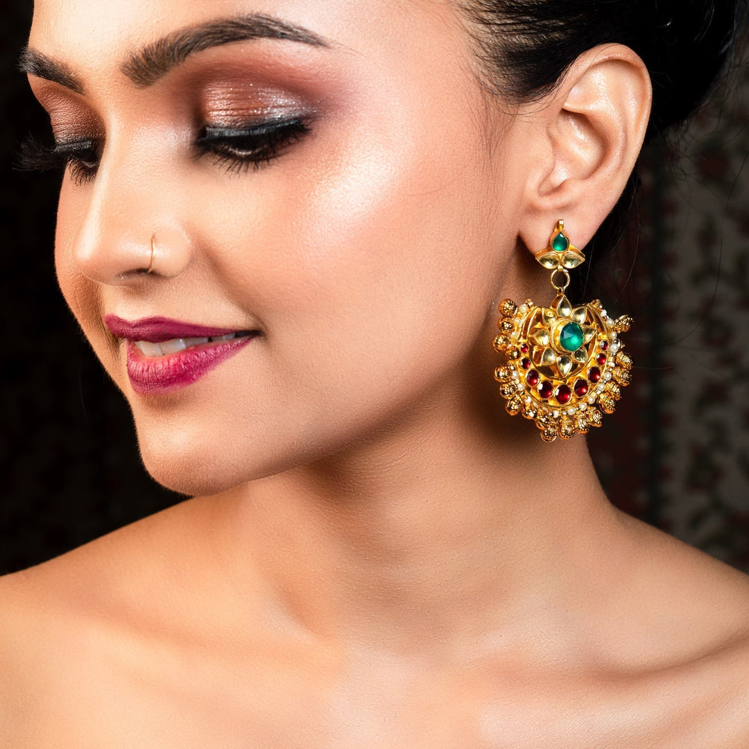 Ashrita Ruby & Green Coloured Pachi Kundan Chandbali - qivii