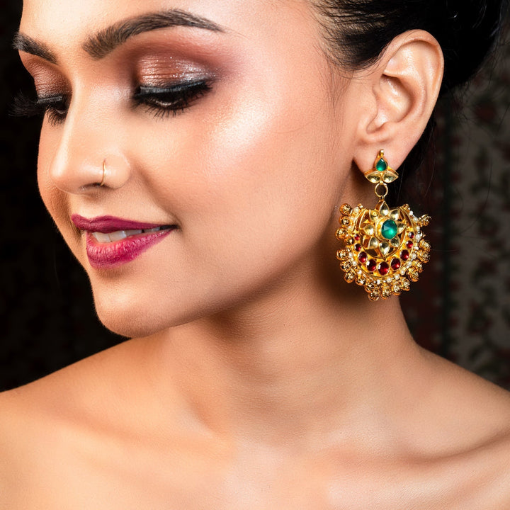 Ashrita Ruby & Green Coloured Pachi Kundan Chandbali - qivii