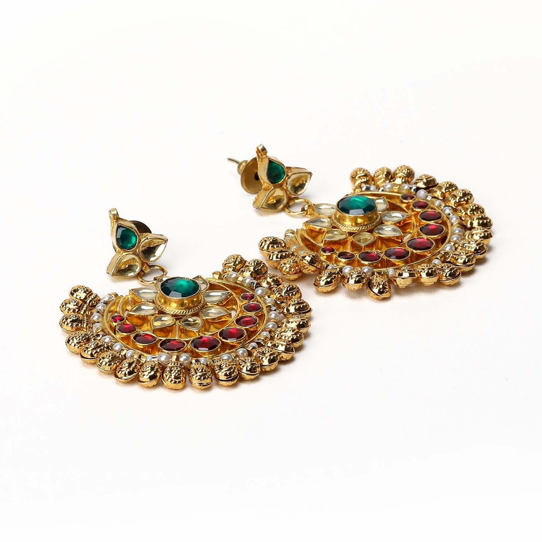 Ashrita Ruby & Green Coloured Pachi Kundan Chandbali - qivii