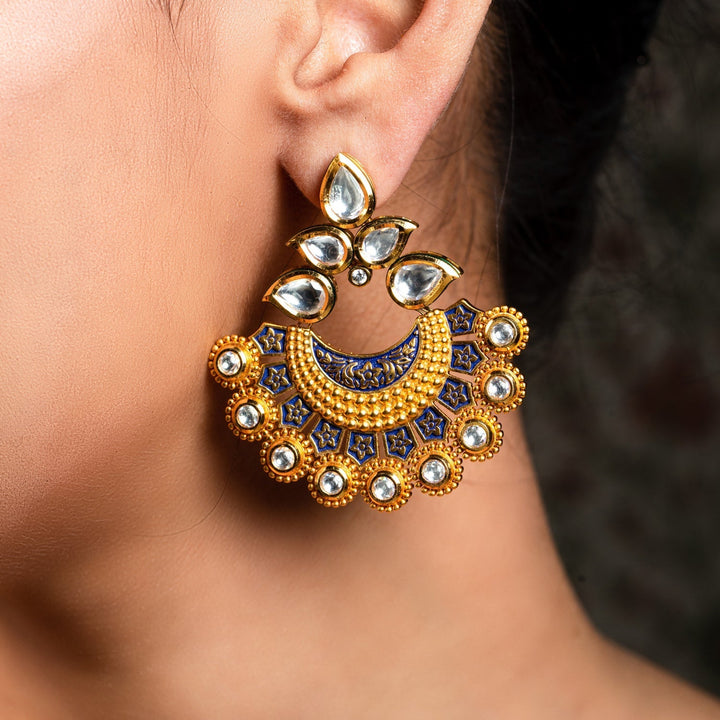 Stunning Chaandbaalis with golden and blue Meenakari texture and Kundan stones