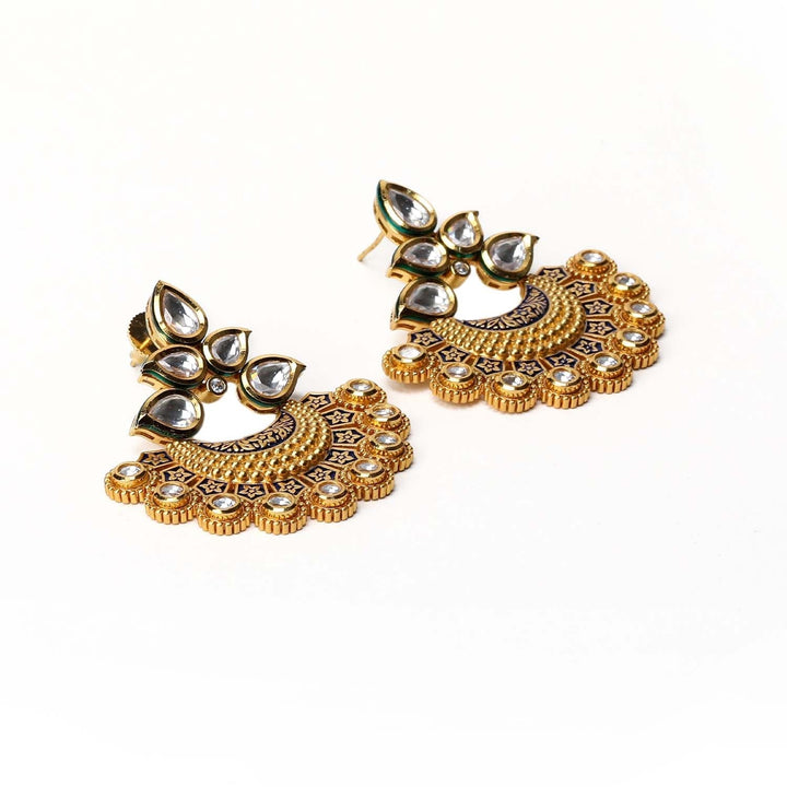 Exquisite gold-plated Kundan earrings with blue Meenakari texture