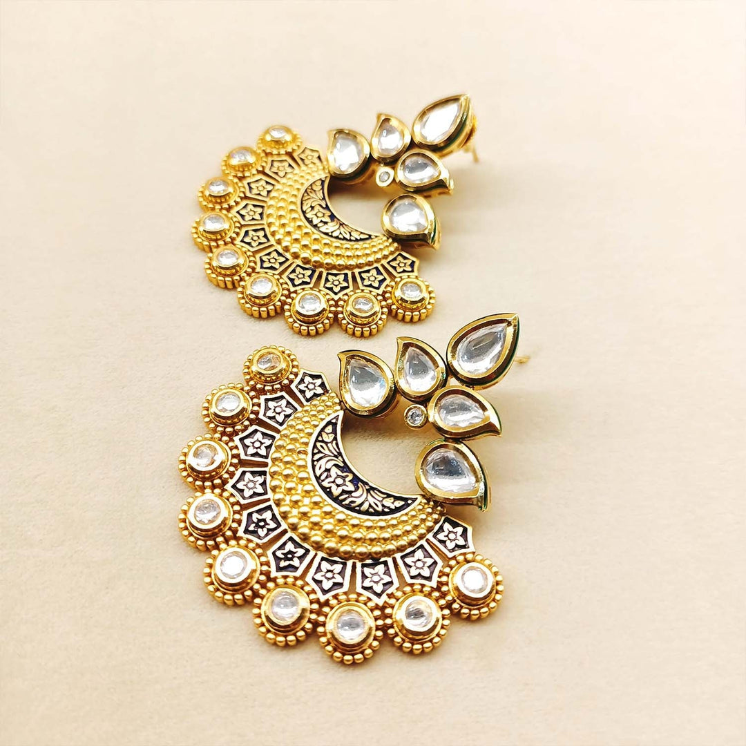 Gorgeous Chaandbaalis featuring blue Meenakari design and Kundan stones