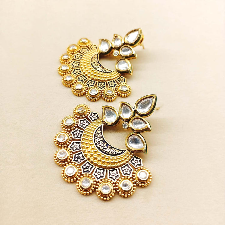 Gorgeous Chaandbaalis featuring blue Meenakari design and Kundan stones