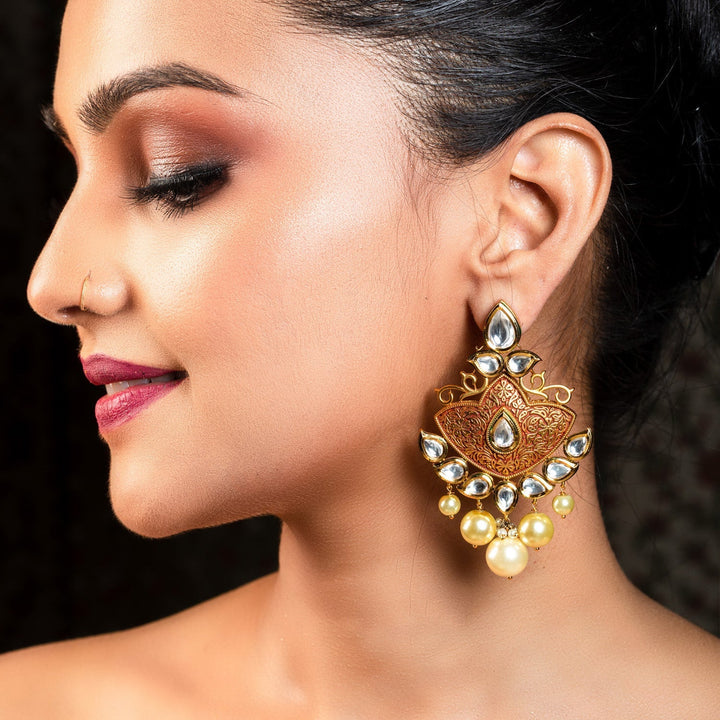 Anuradha Pearl Drops Gold Plated Kundan Earrings - qivii