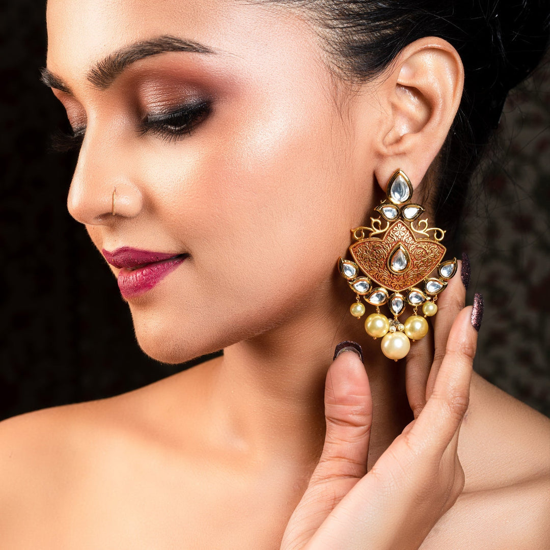 Anuradha Pearl Drops Gold Plated Kundan Earrings - qivii