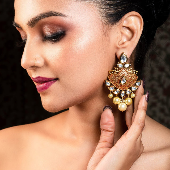 Anuradha Pearl Drops Gold Plated Kundan Earrings - qivii