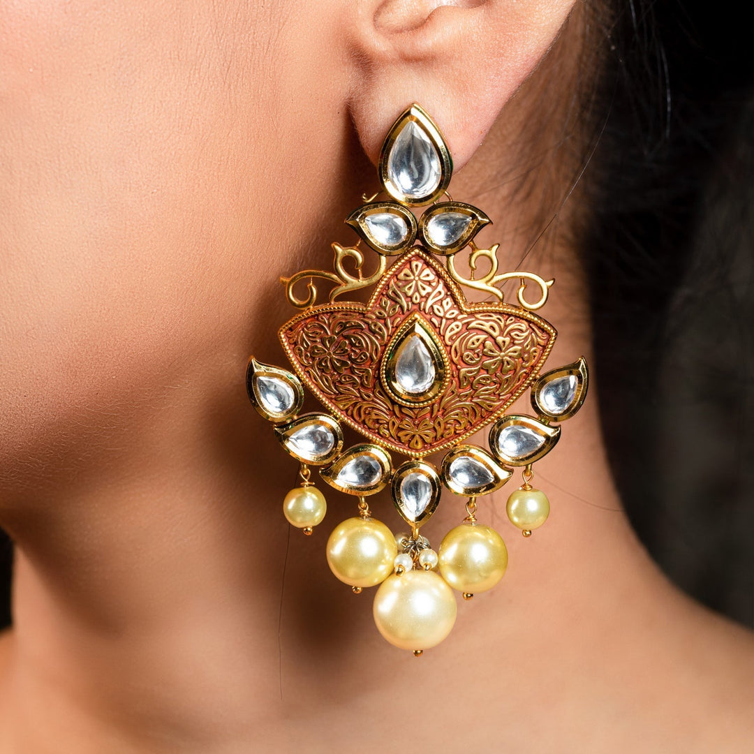 Anuradha Pearl Drops Gold Plated Kundan Earrings - qivii