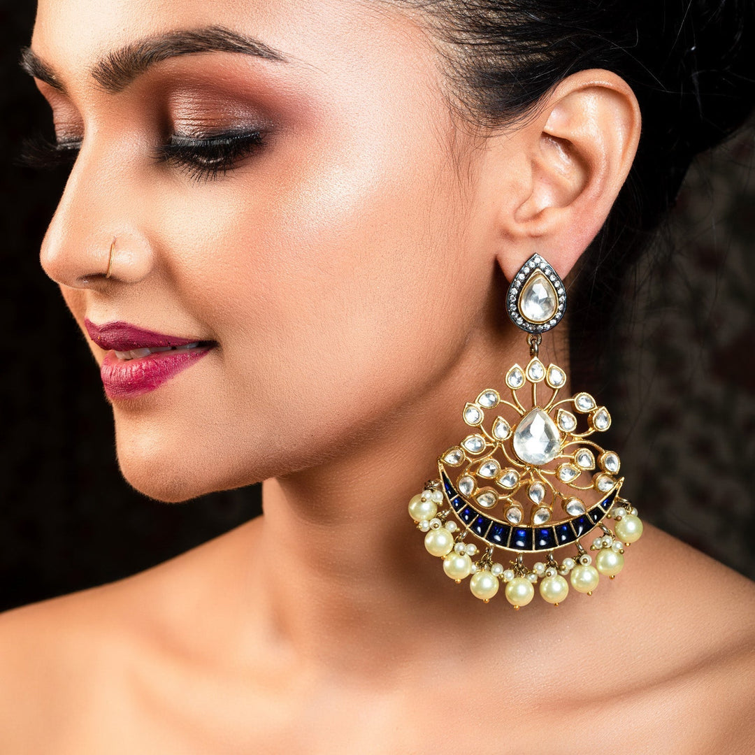Apeksha Navy Blue Gold Plated Pachi Kundan Earrings with intricate detailing and stunning design