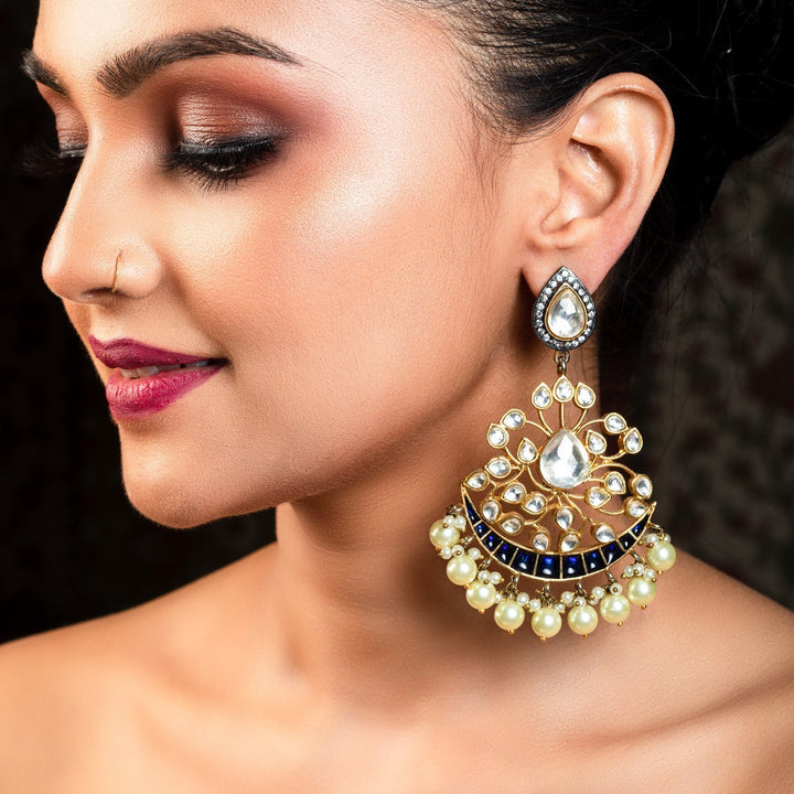 Apeksha Navy Blue Gold Plated Pachi Kundan Earrings with intricate detailing and stunning design
