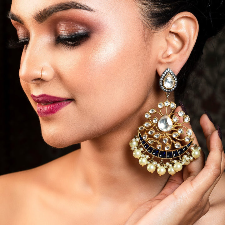 Apeksha Navy Blue Gold Plated Pachi Kundan Earrings with intricate design and stunning details