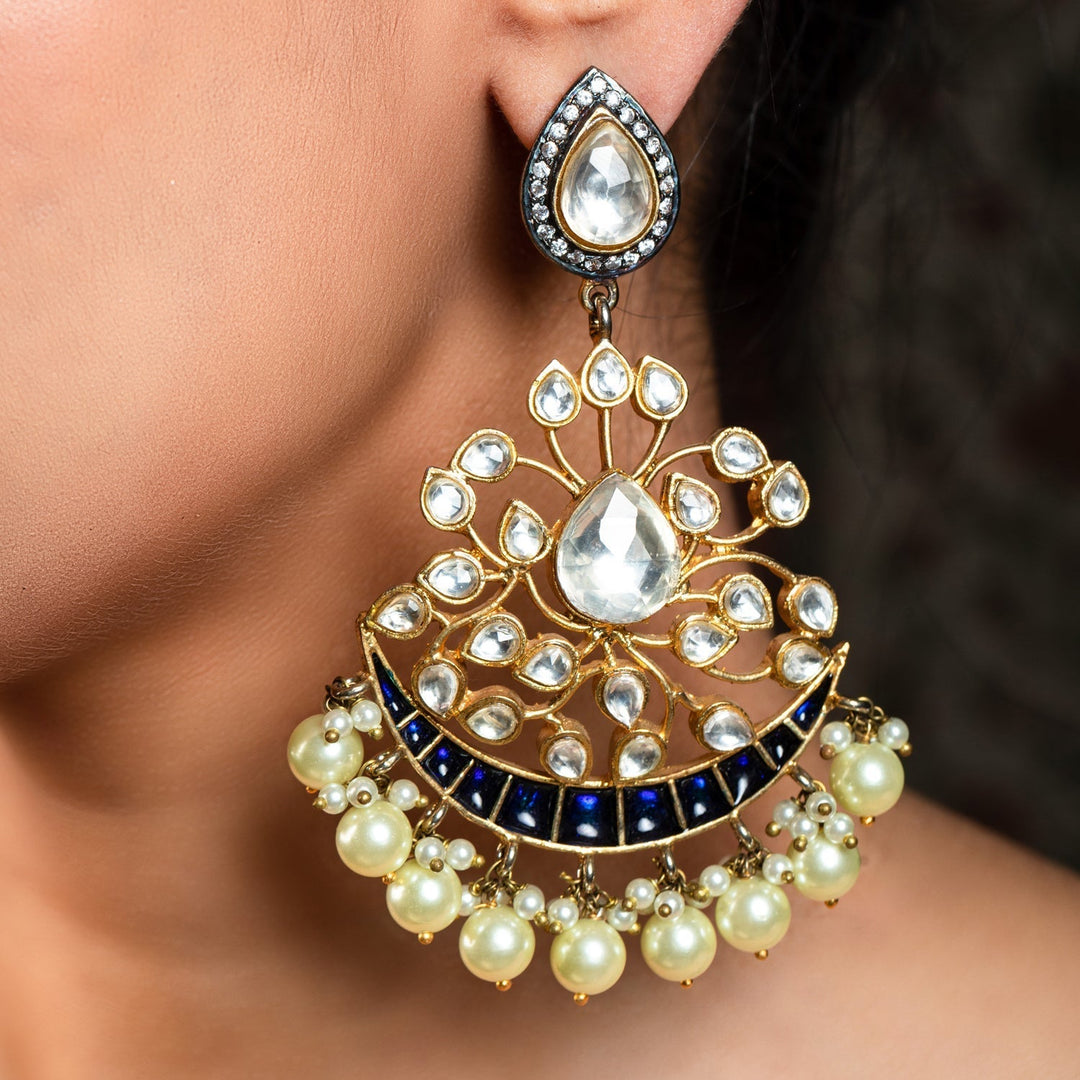 Apeksha Navy Blue Gold Plated Pachi Kundan Earrings with intricate detailing