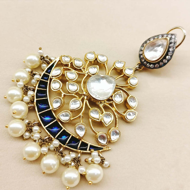 Navy blue and gold plated Pachi Kundan earrings with intricate design