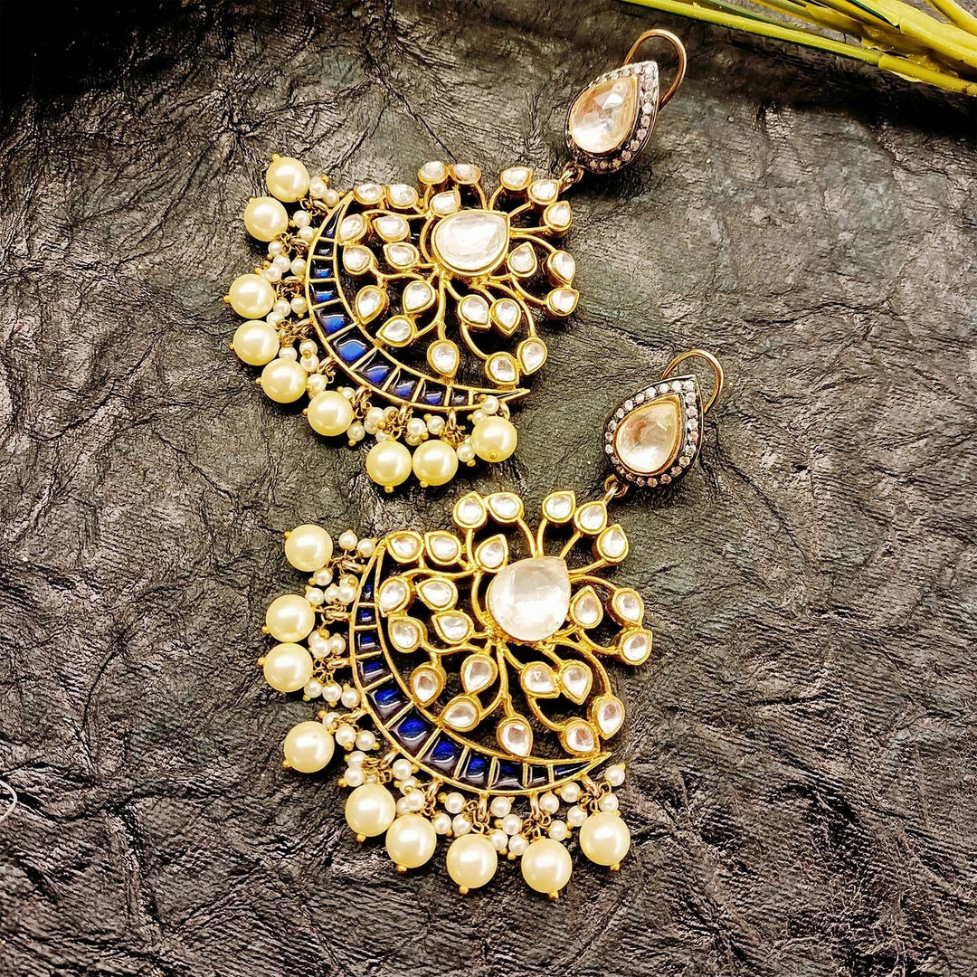 Navy blue and gold plated Pachi Kundan earrings with intricate detailing