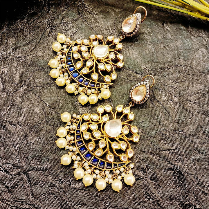 Navy blue and gold plated Pachi Kundan earrings with intricate detailing