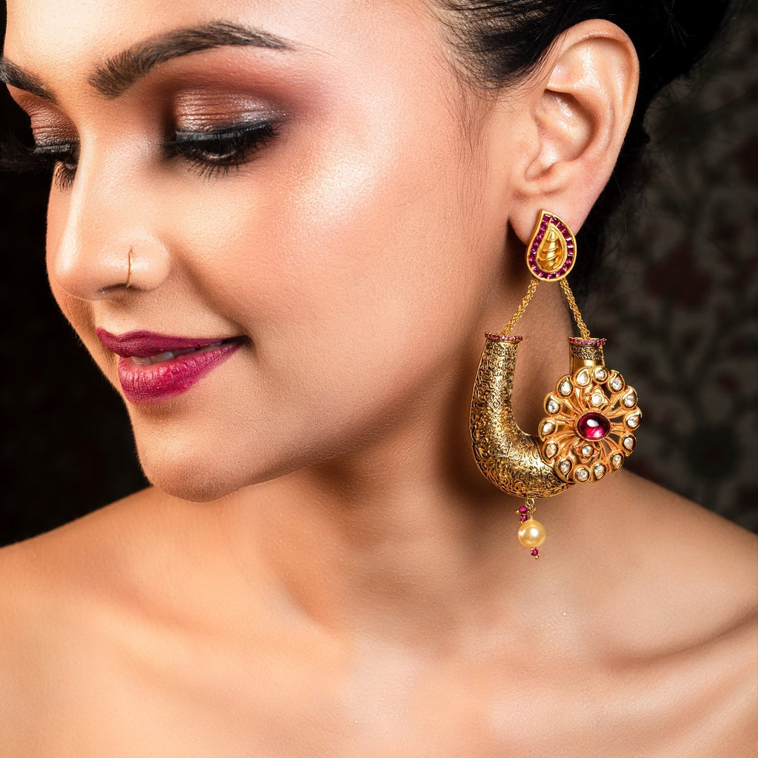 Traditional danglers with antique filigree work and kundan stones