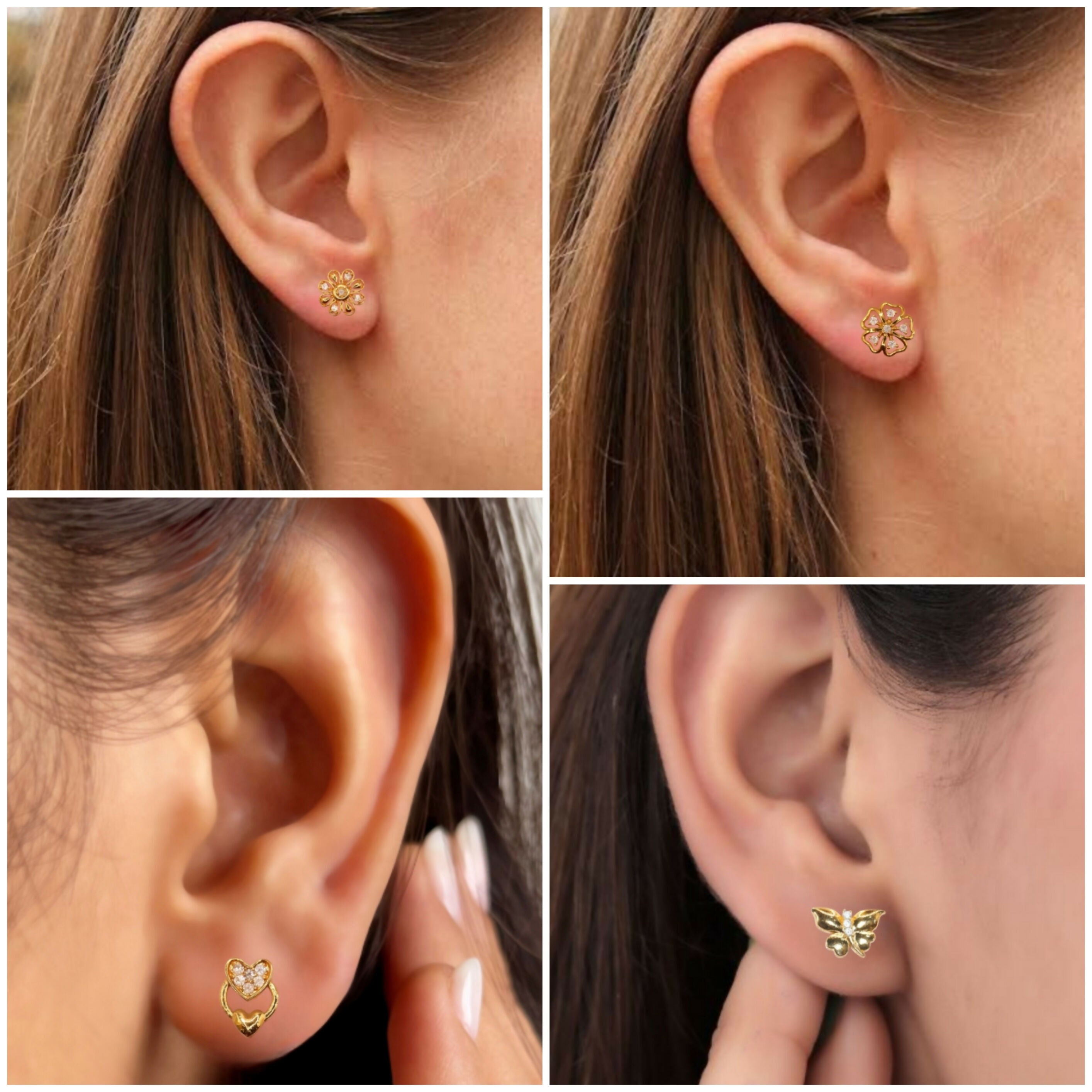 Gold Plated AD Studs Combo - Heart, Flower, Butterfly Set of 4 for women and girls