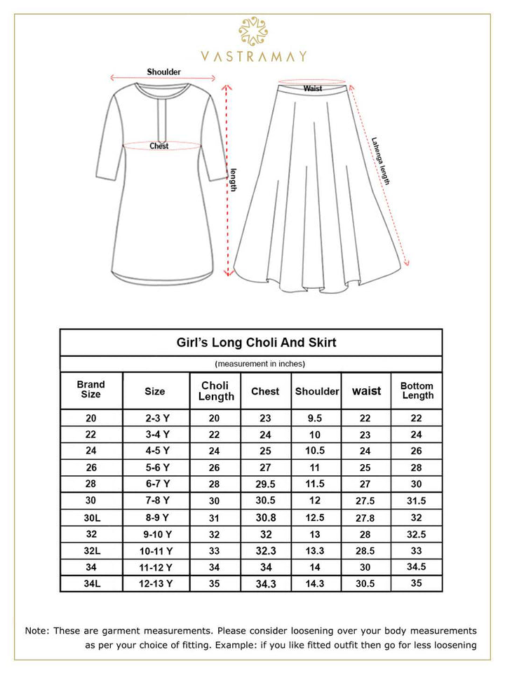 VASTRAMAY Girl's Cream Mirror Work Flair Kurti With Mirror Bordered Long Skirt Set - qivii