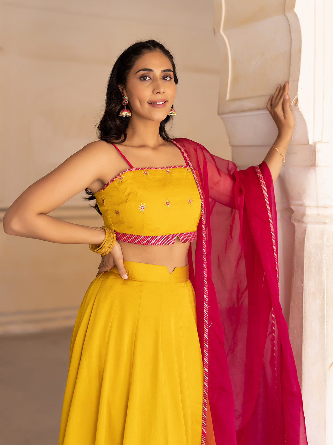 Gold Fusion Solid Mustard  Lehenga Set  - By Ragavi - qivii