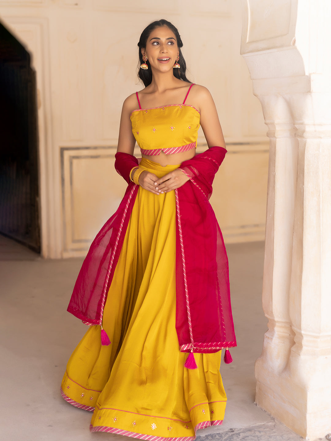 Gold Fusion Solid Mustard  Lehenga Set  - By Ragavi - qivii