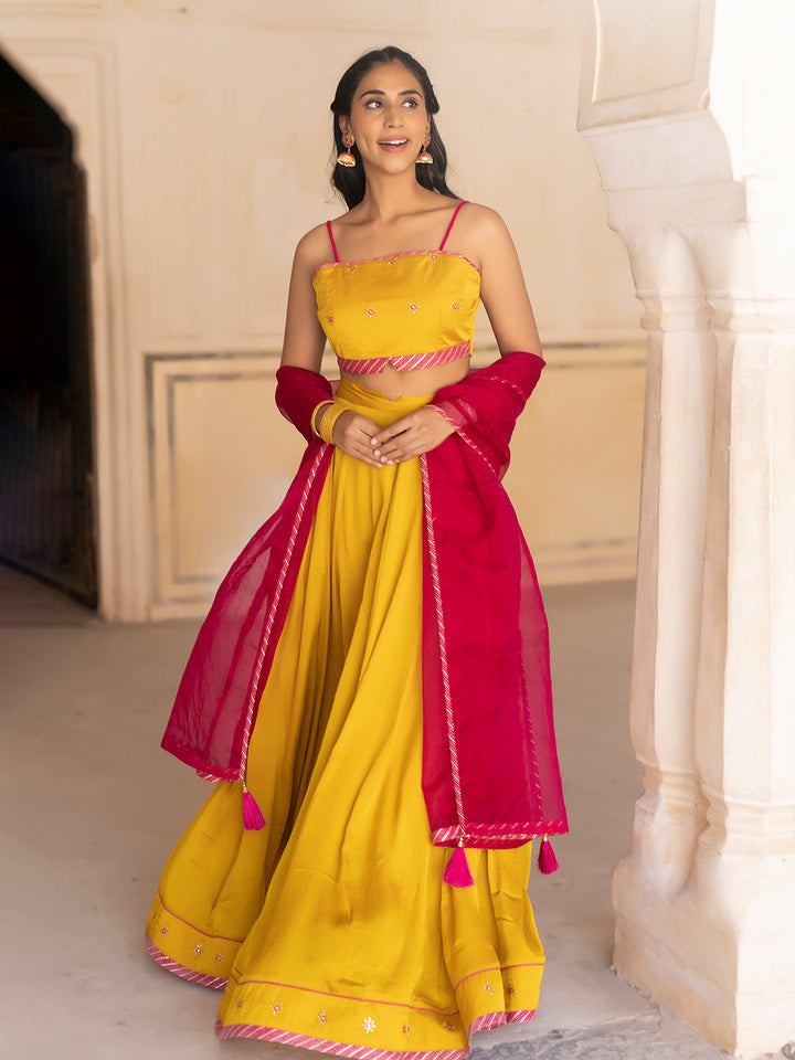 Gold Fusion Solid Mustard  Lehenga Set  - By Ragavi - qivii